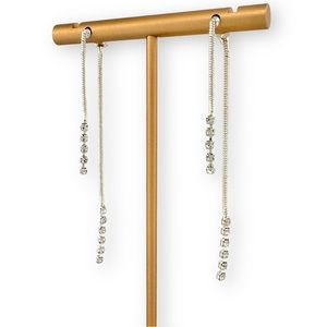 Silver Tone Double Sided Linear Dangle Earrings with Rhinestones